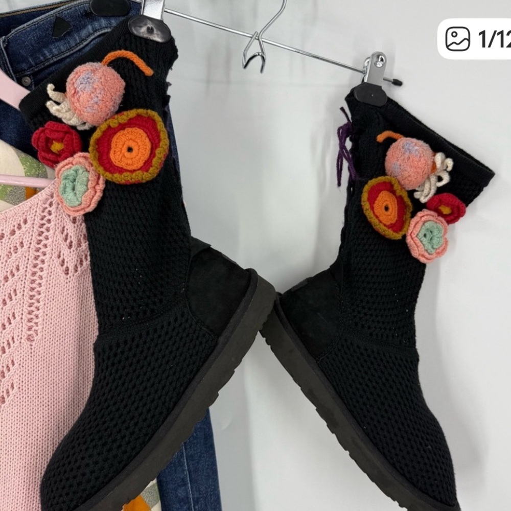 UGG Australia Classic colorful,  Floral Crochet  Black Knit Boots 10